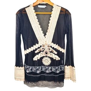 Paradiso Sheer Blouse. Black with lace and bead embellishments. LG